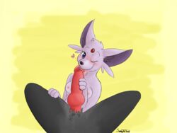 2017 animal_genitalia animal_penis anthro black_fur breasts canine canine_penis duo eeveelution espeon female first_person_view fur grey_fur heart highres knot licking looking_at_viewer male mammal nintendo one_eye_closed penis pokémon_(species) pokemon purple_fur sammy_the_tanuki smile spreading straight tongue tongue_out video_games wink