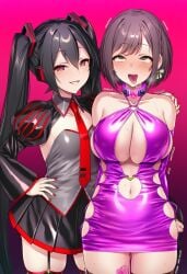 ai_generated black_hair bodycon brown_hair collar femdom project_sekai shinonome_ena vocaloid zatsune_miku