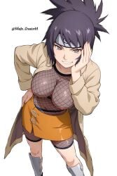1girls ai_generated belt big_breasts bodysuit bodysuit_pull breasts breasts_out coat female female_only fishnet_bodysuit fishnets full_body fully_clothed grin hand_on_face hand_on_hip hand_on_own_face hand_on_own_hip headband kunoichi large_breasts long_hair looking_at_viewer mitarashi_anko naruto naruto_(series) naruto_shippuden necklace ninja no_bra outdoors pendant plain_background ponytail presenting presenting_breasts purple_hair sagging_breasts sandals simple_background smile solo solo_focus tied_hair trenchcoat url voluptuous waifucreatorai web_address white_background