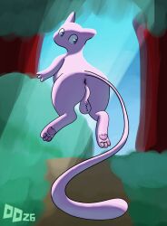 anus ass blurred_background december_dreams detailed_background floating forest fur generation_1_pokemon grass hi_res legendary_pokemon looking_back male mew_(pokemon) mythical_pokemon nintendo pink_body pink_fur plant pokemon pokemon_(species) slightly_chubby solo tree