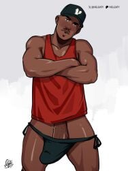 1boy bara barazoku bend_penis big_penis bigger_male brazilian_male cap crossed_arms curved_penis dark-skinned_male dark_skin gay hairless half-erect half_nude half_nude_male long_penis male male_focus male_only manly masculine_male muscles muscular muscular_male original_character penis penis_down red_shirt solo solo_focus solo_male tough_guy underwear velgaty yaoi