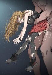 1boy black_background black_shirt black_shoes black_thighhighs blue_eyes breasts brown_hair clothed_female_nude_male commentary_request dangling_legs female gradient_background highres long_hair medium_breasts nude open_mouth panties pink_panties pokemon pokemon_xy rape red_skirt serena_(pokemon) sex sex_from_behind shirt shoes skirt standing standing_sex straight thighhighs torn_clothes torn_shirt torn_skirt torn_thighhighs torso_grab tsukishiro_saika underwear
