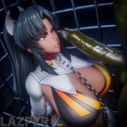 1boy 1boy1girl 1female 1girls 1orc 3d 3d_(artwork) 3d_model 3d_render action_taimanin big_breasts black_hair cage captured_female captured_heroine chain_leash clothed_female_nude_male collar dark-skinned_female dark_skin green-skinned_male green_skin hands_behind_back heroine_in_trouble lazper lilith-soft looking_at_penis mirabell_bell on_knees orc orc_male ponytail tagme taimanin_(series) taimanin_asagi_battle_arena taimanin_rpgx yellow_eyes