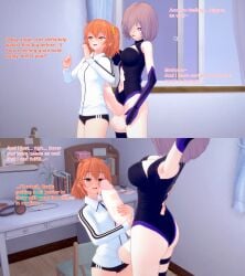 1futa 1girls 3d body_growth body_growth_(enlargement) cum english_text fate/grand_order fate_(series) female fujimaru_ritsuka_(female) futanari growth huge_cock intersex koikatsu mash_kyrielight orange_hair penis pink_hair teasing text xavierhuge