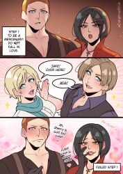 2boys 2girls ada_wong black_hair blonde_hair blue_eyes blush brown_eyes brown_hair capcom dangerousbride dialogue english_text female funny grin heart heavy_blush jake_muller leon_scott_kennedy male pink_lips red_lipstick resident_evil resident_evil_6 scar scar_on_cheek scar_on_face shaved_head sherry_birkin smiling sparkles speech_bubble text_box very_high_resolution wholesome