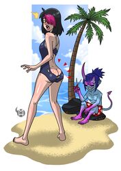 1boy 1girls ass beach big_ass black_hair blue_hair blue_skin blue_sky blurry_background blush christy_(milo_hornyck) claws clothing color demon earrings enf female glowing_eyes green_eyes horn imp long_hair looking_back male medium_hair milo_hornyck multicolored_hair multicolored_skin oni original_character palm_tree pink_eyes pink_skin ripped_clothing rock scissors seaside shorts surprised swimsuit tail thick_thighs torn_clothes