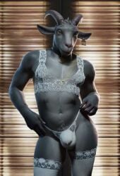 1boy ai_generated animated anthro bulge bulge_through_clothing collar fortnite goat goat_boy goat_horns grey_fur hands_on_hips male male_focus male_only no_sound penis_bulge pilgor_(goat_simulator) solo tagme thighhighs video vlrgromns white_thighhighs