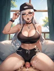 after_sex ai ai_generated allouette_(subboy01) backwards_hat black_lipstick blue_eyes cleavage cum dolphin_shorts glasses hat large_breasts lipstick male original original_character penis subboy01 tank_top thick_thighs thigh_sex white_hair