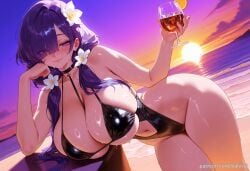 ai_generated azur_lane balecxi bare_shoulders beach blush cleavage closed_mouth cup drinking_glass female hair_flower hair_ornament hair_over_one_eye hair_over_shoulder holding huge_breasts long_hair looking_at_viewer mogador_(azur_lane) mogador_(locker_room_lechery)_(azur_lane) navel ocean one-piece_swimsuit outdoors purple_eyes purple_hair smile solo sun sunset swimsuit thighs wet