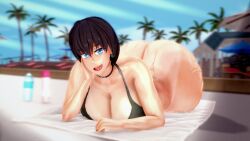 3d 3d_render bbw beach big_ass big_breasts bikini huge_ass kaori_hawagase koikatsu laying_on_stomach oiled oiled_ass oiled_body oiled_skin on_stomach original original_character shades solas_(artist) sunglasses sunglasses_on_head swimsuit