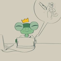 2025 ambiguous_gender amphibian anthro areola balls biped black_eyes breasts closed_eyes closed_smile clothing computer drawing_(action) electronics fingers frog froggkingg furniture futanari genitals glans green_body hair hi_res intersex laptop motion_lines mouth_closed penis shirt smile solo stylus table thick_thighs topwear wire