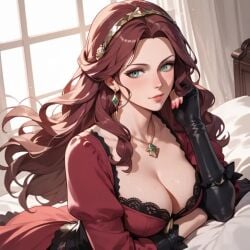 ai_generated alternate_costume bedroom big_breasts brown_hair dorothea_arnault dress elegant female fire_emblem fire_emblem:_three_houses jewelry lying_on_bed