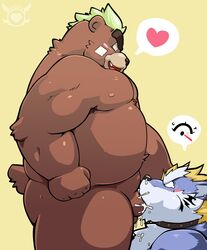 anthro ashigara ass band-aid bandage bear blonde_hair blue_fur blush brown_fur canine collar cum cum_in_mouth cum_inside digitslayer duo fellatio fenrir_(tokyo_afterschool_summoners) fur gay green_hair hair heart looking_down male male_only mammal nipples nude oral overweight penis sex simple_background speech_bubble stocky tattoo tokyo_afterschool_summoners wolf yaoi