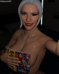 1girls 3d 3d_render big_breasts black_cat_(marvel) blender busty comic covering_breasts curvy felicia_hardy female female_only marvel marvel_comics naked_female nebsora3d selfie shiny_skin sitting smile spider-man_(series) white_hair wink