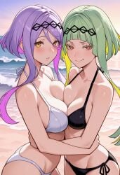 2girls ai_generated beach bikini black_bikini breasts breasts_press figue golden_eyes green_hair hug large_breasts medium_breasts purple_hair red_eyes ringo_(soul_hackers) short_hair_with_long_locks smile soul_hackers_2 white_bikini