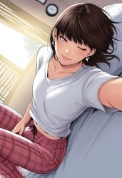 1boy 1femboy 2025 ai_generated alternate_version_available bed bed_sheet bedroom brown_hair bulge crossdressing femboy feminine_male girly indoors looking_at_viewer pants purple_eyes selfie sesso7 shirt solo thighs trap white_shirt wink winking_at_viewer