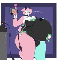 air_inflation anthro ass belly big_belly big_breasts biped blush bodily_fluids breasts bulge clothed clothing deer detailed_bulge digital_media_(artwork) expansion fur furr3ak futanari genitals gynomorph gynomorph_anthro hair heterochromia hi_res hose hose_inflation inflation intersex intersex_anthro latex latex_clothing male male_(lore) mammal money navel navel_piercing navel_ring piercing ring_piercing simple_background solo tail text wide_hips