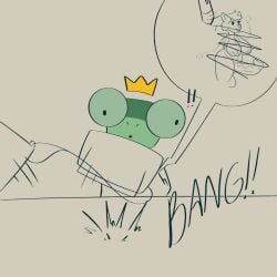 2025 ambiguous_gender amphibian anthro areola balls biped black_eyes black_text breasts closed_smile clothing computer electronics english_text exclamation_point frog froggkingg furniture genitals glans green_body hair hi_res laptop motion_lines mouth_closed open_mouth penis shirt smile solo sound_effects stylus table text thick_thighs topwear wire