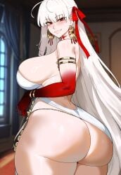 1girls ai_generated ass big_ass big_breasts bottomless breasts clothed creamy_ai curvy dat_ass durga_(fate) fat_ass fate/grand_order fate_(series) hips huge_ass jewelry large_breasts light-skinned_female long_hair looking_at_viewer looking_back pawg red_eyes ribbon ribbon_in_hair smile thick_thighs thighs voluptuous white_hair wide_hips