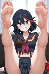 1girls ai_generated barefoot feet foot_fetish kill_la_kill legs_up looking_at_viewer matoi_ryuuko soles soles_fetish sweaty_feet