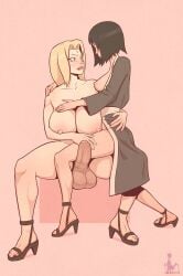 big_balls black_hair blonde_hair futa_on_female futanari gemale high_heels huge_breasts huge_cock looking_at_another naruto shizune sitting sitting_on_lap skemantis small_breasts tsunade