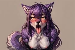 ai_generated canyne dog_girl fluffy_tail furry furry_female furry_only long_hair monster_hunter orange_eyes palamute purple_fur purple_hair saya_(scorpianpp) scorpianpp self_upload solo_female stable_diffusion