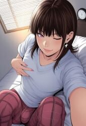 1boy 1femboy 2025 ai_generated alternate_version_available bed bed_sheet bedroom brown_hair bulge crossdressing femboy feminine_male girly grabbing_breast grabbing_own_breast indoors looking_at_viewer pants purple_eyes sesso7 shirt solo thighs trap white_shirt winking winking_at_viewer
