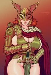 1girls armor artist_name cape cleavage elden_ring female ferrousred fromsoftware helmet large_breasts lips malenia_blade_of_miquella nipples nipples_visible_through_clothing no_eyes pale_skin pale_skinned_female pink_lips plump_lips red_hair solo sword tagme wide_hips