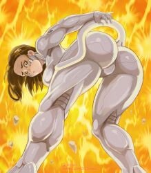 alita athletic_female auburn_hair battle_angel_alita big_ass big_lips blush bob_cut buns cat_tail cybernetics cyborg_girl female_only hazel_eyes huge_butt metallic_body muscle_girl plump_lips presenting_ass puffy_lips solo_female thick_thighs tomboy