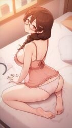 :3 ai_generated ap2-ai-artist ass ass bakemonogatari barefoot bed bedroom big_ass big_breasts big_butt braid breasts brown_eyes brown_hair butt_crack cat_ears feet from_behind glasses hanekawa_tsubasa hi_res high_resolution kneeling large_breasts looking_back monogatari_(series) nightgown panties sitting_on_bed soles translucent_clothing transparent_clothing