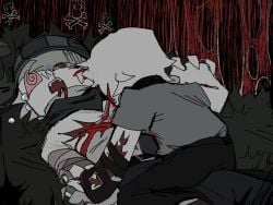 2boys 2d 2d_(artwork) abuse army_uniform blood cannibalism cuts gore guro male original_character pain roblox roblox_avatar tears topless white_skin wounded yawned_beef yummers