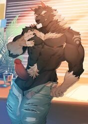 1boy 2017 abs anthro balls biceps big_muscles black_fur canine clothing condom detailed_background digital_media_(artwork) erection fur hi_res horikwawataru inside jeans looking_at_viewer male male_only mammal muscular nipples pecs penis pink_nipples solo standing teeth white_fur wolf yellow_eyes