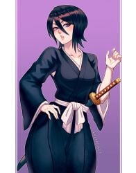 artist_name black_hair bleach breasts female hair_between_eyes hand_on_own_hip highres japanese_clothes katana kuchiki_rukia looking_at_viewer luchidart open_mouth purple_background purple_eyes sheath sheathed shihakusho shinigami short_hair small_breasts solo sword two-tone_background weapon white_background zanpakutou