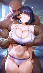 ai_generated bald beard bedroom big_breasts breast_grab cheating cleavage dark-skinned_male double_breast_grab faceless_male grin groping_breasts hyuuga_hinata imminent_rape imminent_sex indoors licking looking_at_viewer muscular_male naruto naruto_(series) netorare ntr scared_expression shy sports_bra toned_female trembling uncomfortable wavy_mouth