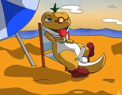 anthro aroused balls beach beach_chair blue_eyes boots chair clothing contimplatininspiratio dinosaur erection footwear glydon_(super_mario_odyssey) hi_res humanoid_penis male male_only mario_(series) mostly_nude nintendo penis reptile sand scalie seaside sitting solo super_mario_odyssey tongue tongue_out uncut video_games water