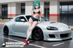 ai_generated aqua_hair bikini bikini_top_only black_bikini blue_eyes blue_shorts breasts bulma_briefs bulma_briefs car cleavage denim denim_shorts dragon_ball female frenzyai full_body green_hair ground_vehicle jewelry large_breasts long_hair looking_at_viewer motor_vehicle navel outdoors patreon red_footwear shoes short_shorts shorts smile sneakers solo sports_car swimsuit thighhighs vehicle_focus white_thighhighs