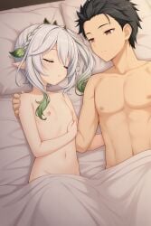 1boy 1boy1girl 1girl 1girl1boy 1girls ai_generated black_hair brown_eyes closed_eyes completely_nude female genshin_impact hair_slicked_back nahida_(genshin_impact) naked natsuki_subaru re:zero_kara_hajimeru_isekai_seikatsu short_hair sleeping sleeping_together white_hair zelanell