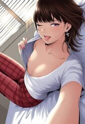 1boy 1femboy 2025 ai_generated alternate_version_available areola bed bed_sheet bedroom brown_hair bulge crossdressing femboy feminine_male flashing_nipple girly indoors looking_at_viewer nipples one_eye_closed open_mouth pants presenting presenting_nipple purple_eyes sesso7 shirt solo thighs tongue tongue_out trap white_shirt wink winking winking_at_viewer