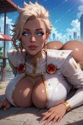 ai_generated big_breasts blonde_hair blue_eyes blue_sky breast_rest breasts building city cleavage cloud dark-skinned_female dark_skin day female jewelry large_breasts lips looking_at_viewer lying marvel marvel_comics naughtygirlsai on_stomach ororo_munroe parted_lips short_hair sky skyscraper solo storm_(x-men) sweat tan_body white_eyes white_hair x-men