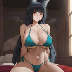 ai_generated animal_ears arms_behind_back bed bikini black_hair blush curvy hi_res hoshimi_miyabi long_hair navel red_eyes room roxor solo wide_hips zenless_zone_zero