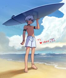 1boy beach bird casual clothed feet heart original original_character outdoors outside pale-skinned_male pale_skin safe safe_for_work shirtless sky solo_focus solo_male strip_game stupidleo2 surfboard swimsuit topless topless_male twitter_strip_game_(meme) white_hair