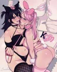 2girls absurd_res ass big_ass big_breasts black_hair blue_eyes bunny_ears_(cosmetic) bunny_tail cleavage female female/female female_only hair_ribbon huge_breasts humanized kuromi large_breasts leash_and_collar lip_piercing long_hair my_melody onegai_my_melody piercing pink_hair pink_lipstick revealing_clothes sanrio skimpy skull_hair_ornament spiked_collar stockings succuboos thick_thighs wide_hips wrist_cuffs yuri