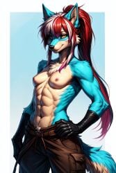 ai_generated bushy_tail canyne cyan_fur dog_girl furry furry_female furry_only long_ponytail monster_hunter palamute pink_highlights ponytail red_hair scorpianpp self_upload solo_female stable_diffusion tsubasa_(scorpianpp) yellow_eyes