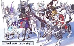 10girls ahoge angei animal_ears animal_genitalia armor big_breasts black_hair braid brown_hair cat_ears cat_humanoid cat_tail chains devil dragon feline flower gray_hair hat horns huge_breasts humanoid jewelry jiangshi kimono long_hair navel ponytail ribbon small_breasts smile the_battle_cats thighs twintails uniform white_hair yellow_hair