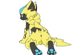 animated anthro anus balls black_body blinking blue_body blue_eyes blue_pawpads claws fart feces feces_on_ground feces_pile fur generation_7_pokemon genitals jadeder kneeling legendary_pokemon looking_at_viewer looking_back looking_back_at_viewer male narrowed_eyes nintendo pawpads pokemon pokemon_(species) pooping_on_floor scat signature simple_background smile solo toe_claws white_background yellow_body yellow_fur zeraora