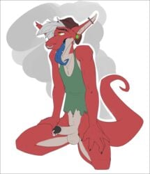 anthro balls bottomless clothed clothing dragondrawer ear_piercing erection eyebrow_piercing facial_piercing genital_piercing humanoid_penis lizard male male_only nose_piercing nose_ring penis penis_piercing piercing redd_(fursona) reptile scalie solo