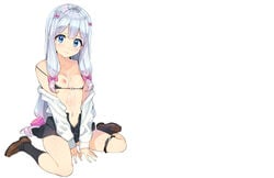 black_bra black_legwear black_panties blue_eyes blush bow bra bra_pull breasts brown_footwear cum cum_inside cum_on_body cum_on_breasts cum_on_upper_body eromanga_sensei facial female hairbow izumi_sagiri lavender_hair lolicept long_hair nipples ootomo_takuji panties panties_around_leg purple_bow shoes silver_hair simple_background sitting skirt small_breasts smile socks solo strap_slip underwear very_long_hair wariza white_background