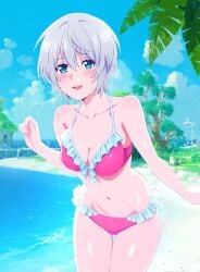 1girls bare_legs bare_shoulders beach blue_eyes cleavage collarbone frilled_bikini jaku-chara_tomozaki-kun kikuchi_fuuka leaning_forward looking_at_viewer medium_breasts pink_bikini short_hair silver_hair smile standing string_bikini sweating underwear white_ribbon