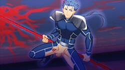 blue_hair cu_chulainn_(fate) erection fate/grand_order fate/stay_night fate_(series) ji_tu_jun looking_at_viewer male_only penis presenting red_eyes smile solo spearman testicles weapon