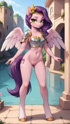 1girls 2025 ai_generated anthro armor bottomless bottomless_female curvy_female curvy_figure cutie_mark digitigrade equine female female_only gold_jewelry green_eyes hasbro hi_res innie_pussy jewelry looking_at_viewer my_little_pony outdoors pink_body pink_feathers pipp_petals_(mlp) pony purple_hair pussy smile wings